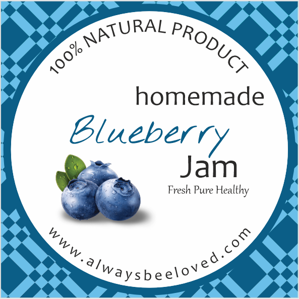 Official label for Always Beeloved Honey homemade blueberry jam, Tbilisi, Georgia.
