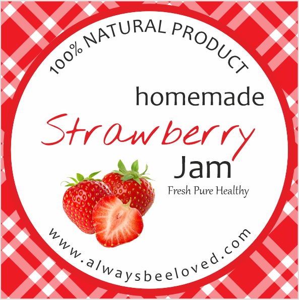 Official label of Always Beeloved Honey homemade strawberry jam, Tbilisi, Georgia.
